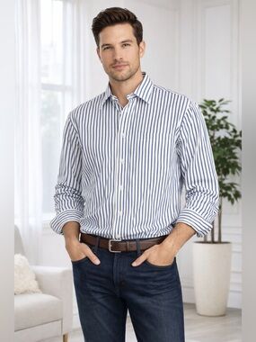 Tommy Hilfiger White Shirt with Navy Vertical Stripes